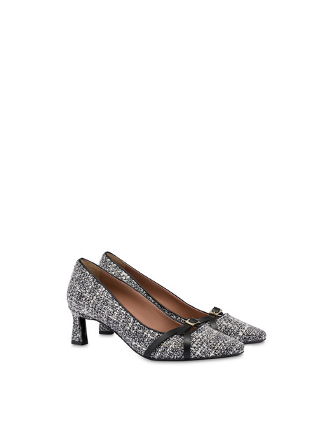 Decolleté Double U In Tweed E Vitello Bianco-fog/nero