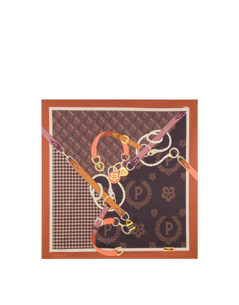 Foulard In Seta Con Stampa Macro Logo E Cinghie Marrone